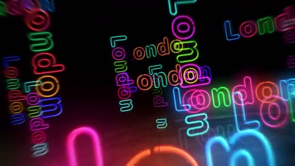 London Storbritannien England Symbol Neon Symbol Glödlampor Med Romantisk Stadsklubbsskylt — Stockvideo