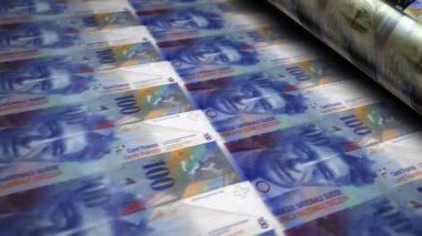İsviçre Frangı para basma makinesi banknotları. Kağıt banknot, 3D döngü şeklinde ve pürüzsüz. İsviçre 'de bankacılık, borç, gelir, finans, ekonomi ve kriz gibi soyut kavramlar.