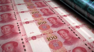 Çin Yuan parası 3D resim basıyor. RMB banknot desteleri. Çin 'de finans, nakit, ekonomi krizi, iş başarısı, durgunluk, banka, vergi ve borç kavramı.