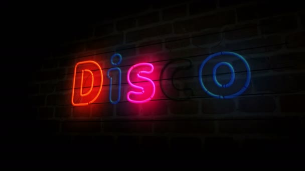 Discoteca Neon Muro Mattoni Lampadine Colore Chiaro Con Segno Retrò — Video Stock