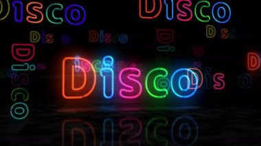 Disko sembolü neon parıltısı. Retro gece hayatı müzik kulübü tabelası olan renkli ampuller. Soyut konsept 3d animasyon.