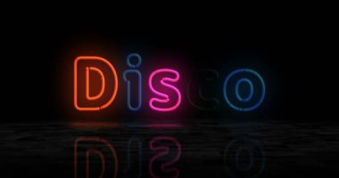 Disko sembolü neon parıltısı. Retro gece hayatı müzik kulübü tabelası olan renkli ampuller. Soyut konsept 3d animasyon.