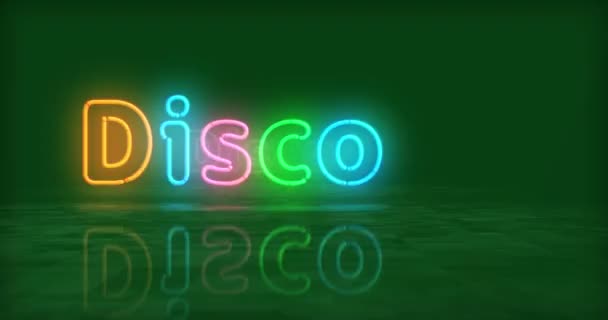 ディスコシンボルネオンシンボル レトロなナイトライフシティミュージッククラブの看板が付いた電球 アブストラクトコンセプトトンネルアニメーションを飛ぶ3D — ストック動画
