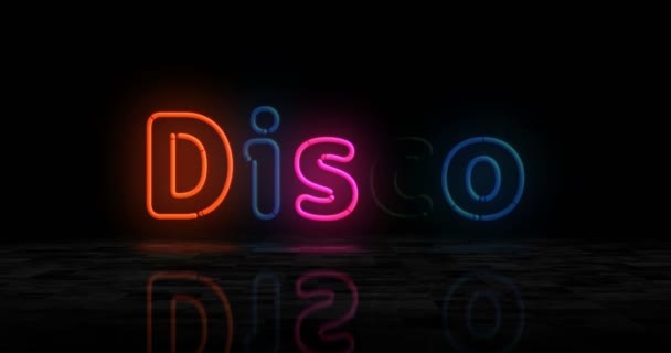 ディスコシンボルネオン輝くシンボル レトロなナイトライフシティミュージッククラブの看板が付いた電球 アブストラクトコンセプト3Dアニメーション — ストック動画