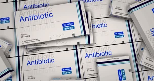 Productielijn Voor Antibiotica Medicijntherapie Medicijndoos Fabriek Abstract Achtergrond Concept Box — Stockvideo