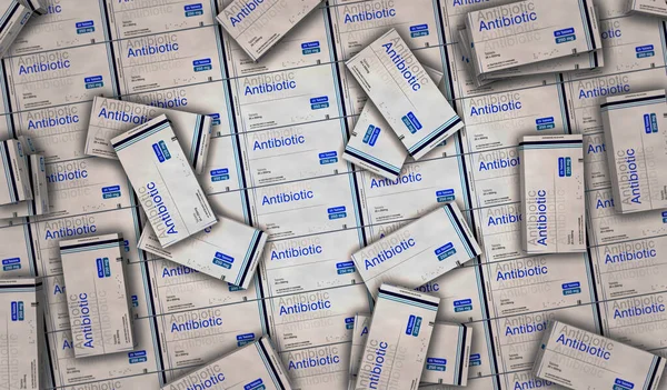 Antibiyotik Üretim Hattı Tıbbi Tedavi Ilaç Kutusu Fabrikası Soyut Konsept — Stok fotoğraf