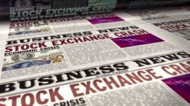 Borsa çöküşü iş haberleri. Ekonomik kriz, piyasa ve finansal medya üretimi soyut kavram. Gazeteler döngüsel ve pürüzsüz 3d animasyon basıyor ve yayıyor.