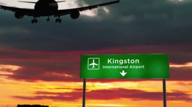 Uçak silueti Kingston, Jamaika 'ya iniyor. Havaalanı yön tabelasıyla ve arka planda gün batımıyla şehre vardık. Trip ve ulaşım 3D konsepti.