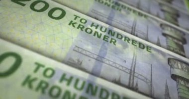 Danimarka krona banknot döngüsü. DKK para dokusu. Danimarka 'da ekonomi, ticaret, kriz, bankacılık, durgunluk, borç ve finans kavramı. Notayı kaydırıyorum. Döngüsüz 3D canlandırma.