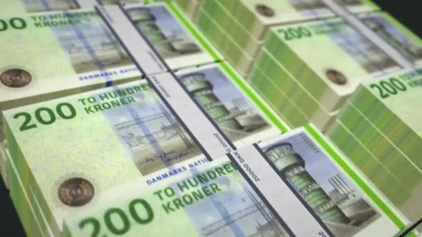 丹麦克朗钱袋循环3D动画 丹麦的金融 Dkk现金 商业和银行的概念是可以接受的 在Dkk钞票捆上移动的相机 — 图库视频影像