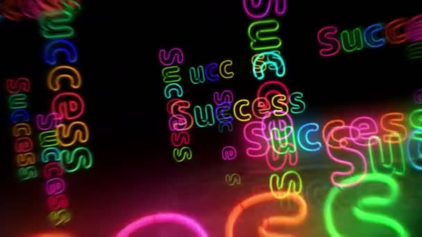 Framgångssymbol Neon Symbol Glödlampor Med Företagsskylt Abstrakt Koncept Flyger Genom — Stockvideo