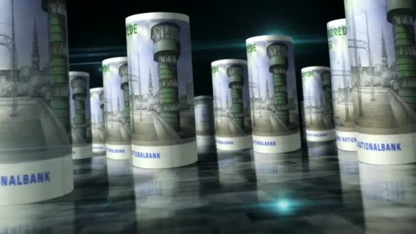 丹麦克朗滚动循环3D动画 钱在桌子上 Dkk滚动式钞票之间的相机经济 衰退和债务的无缝隙和易碎的抽象概念 — 图库视频影像