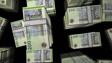 Danimarka Krona para paketi döngüsü. DKK banknotları üzerinde uçuş üst görünümü yığar. Üç boyutlu, kusursuz bir animasyon. Danimarka 'da soyut ekonomi, kriz, iş ve finans kavramı.