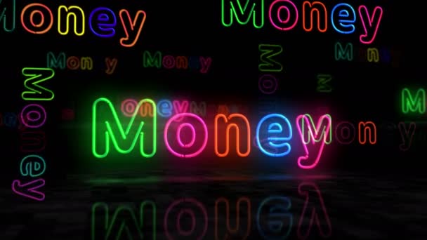 Pengar Neon Glödande Symbol Glödlampor Med Företagsskylt Abstrakt Begrepp Animation — Stockvideo