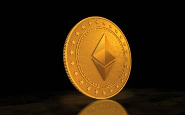 Ethereum ETH kripto para birimi sembolü yeşil ekranda altın para. Soyut konsept 3d illüstrasyon.