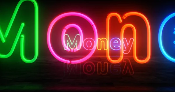 お金のネオンシンボル レトロなナイトライフシティビジネスクラブの看板と光の色電球 アブストラクトコンセプト3Dイラスト — ストック写真