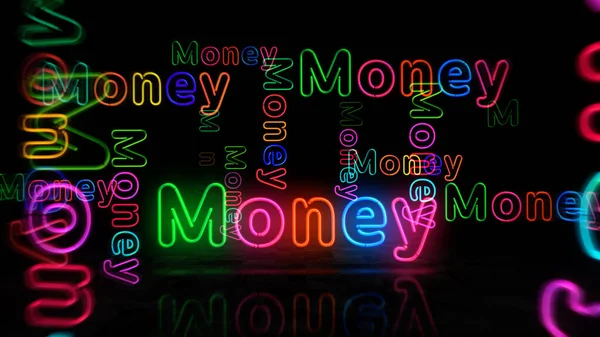 お金のネオンシンボル レトロなナイトライフシティビジネスクラブの看板と光の色電球 アブストラクトコンセプト3Dイラスト — ストック写真