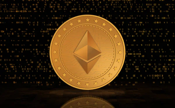 Ethereum Eth Символ Криптовалюты Золотая Монета Зеленом Фоне Экрана Абстрактная — стоковое фото