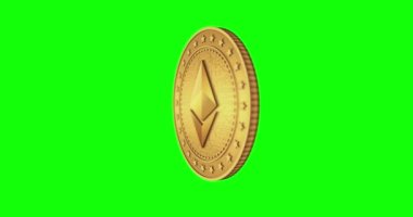 Ethereum ETH kripto para birimi yeşil ekran döngüsü üzerinde altın madeni parayı izole etti. Dönen altın metal döngüsü soyut kavram. 3B döngü kusursuz canlandırma.