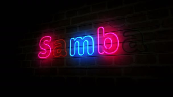 Samba Neón Pared Ladrillo Bombillas Color Claro Con Cartel Del — Vídeos de Stock
