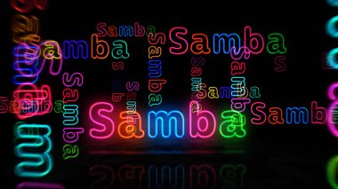 Samba sembolü neon. Brezilya Rio de Janeiro dans festivali tabelası olan ampuller. Soyut konsept 3d illüstrasyon.