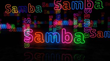 Samba sembolü neon. Brezilya Rio de Janeiro dans festivali tabelası olan ampuller. Soyut konsept 3d illüstrasyon.