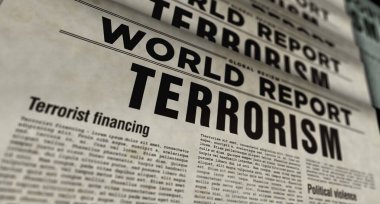 Dünya terörizmi ve politik şiddet raporu. Gazete baskısı. Klasik basın soyut kavramı. Retro 3d canlandırma çizimi.