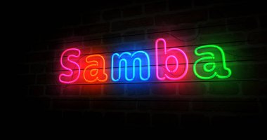 Samba sembolü neon. Brezilya Rio de Janeiro dans festivali tabelası olan ampuller. Soyut konsept 3d illüstrasyon.
