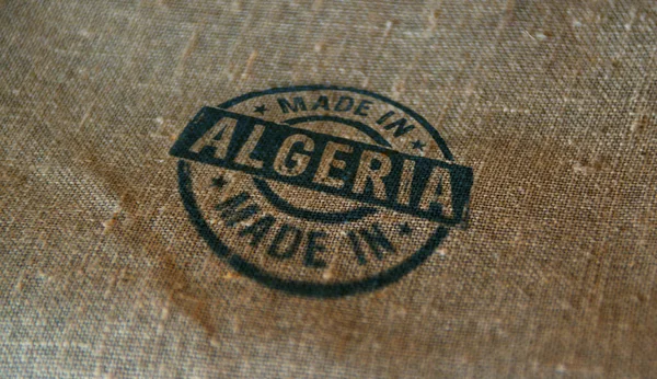 Sello Fabricado Argelia Impreso Saco Lino Concepto País Fábrica Fabricación —  Fotos de Stock