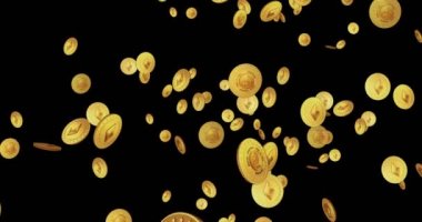 Ethereum, ETH kripto altın madeni para düşüyor. Döndürülebilir dijital arkaplan. İşlem ve engelleme teknolojisinin 3 boyutlu kusursuz döngü kavramı. Dönen altın yağmur soyut animasyon döngüsü.