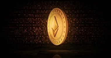 Ethereum, ETH şifreleme altın sikkesi çevrilebilir dijital arka planda. Üç boyutlu kusursuz döngü konsepti. Dönen altın metal döngüsü soyut animasyon.