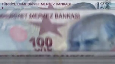 Banknotlu Türk lira para sayma makinesi. Döndürmeyi hızlı bir şekilde not al. İş ve ekonomi kavramı döngüye girebilir ve kusursuz bir altyapıya sahiptir. Türkiye para birimi.