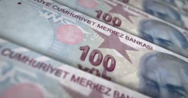 Türk lira banknot döngüsü. Para dokusunu dene. Türkiye 'de ekonomi, iş, kriz, bankacılık, durgunluk, borç ve finans kavramı. Notayı kaydırıyorum. Döngüsüz 3D canlandırma.