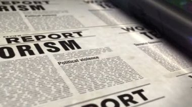 Dünya terörizmi ve siyasi şiddet günlük gazete raporları basılıyor. Soyut konsept 3D renklendirme kusursuz döngülü animasyon.