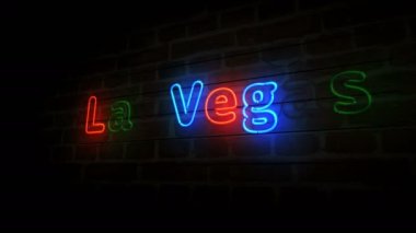 Las Vegas neon duvarlı. Nevada 'da kumarhane şehri, gece hayatı, eğlence ve kumar kulübü tabelası olan ampuller. Soyut konsept 3d animasyon.