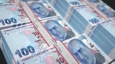 Türk lirası para paketi 3D animasyon döngüsü. Türkiye 'de kusursuz finans, nakit, ekonomi, iş ve banka kavramı. Kamera, banknot destelerinin üzerinde hareket ediyor.