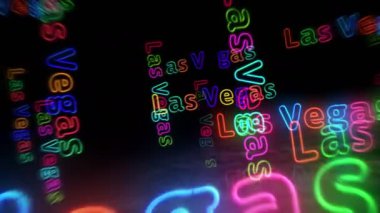 Las Vegas 'ın neon sembolü. Nevada 'da kumarhane şehri, gece hayatı, eğlence ve kumar kulübü tabelası olan ampuller. Tünel animasyonundan geçen soyut, pürüzsüz ve döngülü konsept 3D.