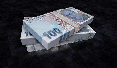 Turkish lira money pack 3d illustration. TRY banknote bundle stacks. Concept of finance, cash, economy crisis, business success, recession, bank, tax and debt in Turkey.