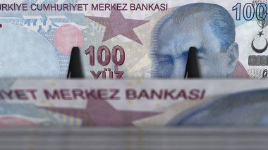 Turkish lira money 3d illustration. TRY banknote counter. Concept of finance, cash, economy crisis, business success, recession, bank, tax and debt in Turkey.