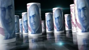 Türk lirası rulo 3d döngü animasyonu. Masada para var. Türkiye 'de ekonomi, finans, ticaret, ekonomik durgunluk ve borç gibi kusursuz ve döngüsüz bir kavram. Banknotlar arasındaki kamera.