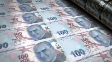 Türk lirası para basma makinesini finanse ediyor. Kağıt Deneme banknot baskısı 3D döngü kusursuz. Türkiye 'de bankacılık, borç, gelir, finans, ekonomi ve kriz gibi soyut kavramlar.