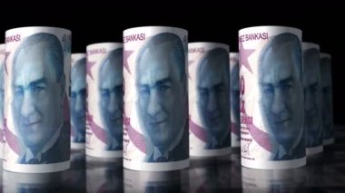Türk lirası, 3D animasyon döngüsü. Kameralar bankanın önünde hareket halindeler. Türkiye 'de ekonomi, finans, nakit, iş ve borç gibi kusursuz döngüsüz kavram.
