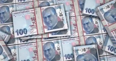 Türk lirası 3D animasyon sermayesi veriyor. Kamera görüntüsü şehirlerarası. Para paketlerini dene. Türkiye 'de enflasyon, ekonomi, kriz, iş, bankacılık, borç ve finans kavramı.