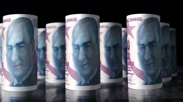 Turkish Lira Money Rolls Loop Animation Камера Рухається Перед Банкнотами — стокове відео
