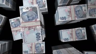 Türk lirası para paketi döngüsü. Deneme banknotları üzerinden uçuş üst görünümü desteler. Üç boyutlu, kusursuz bir animasyon. Türkiye 'de soyut ekonomi, kriz, iş ve finans kavramı.