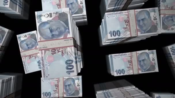 土耳其里拉钱袋循环 飞行通过Try钞票堆栈顶部视图 3D脆弱无缝动画 土耳其经济 商业和金融的背景概念摘要 — 图库视频影像