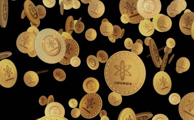 Kozmos atomu kripto para sembolü yeşil ekranda altın para. Soyut konsept 3d illüstrasyon.