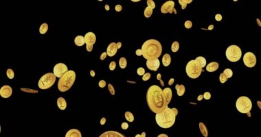 Kozmos, atom kripto para biriminin altın madeni parası düşüyor. Döndürülebilir dijital arkaplan. İşlem ve engelleme teknolojisinin 3 boyutlu kusursuz döngü kavramı. Dönen altın yağmur soyut animasyon döngüsü.