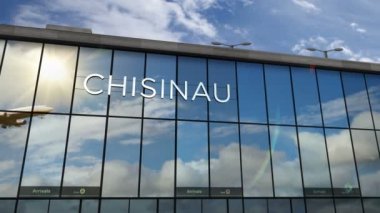 Jet uçakları Kishinev, Chisinau, Moldova 3D animasyon yapıyor. Cam havaalanı terminali ve uçağın yansıması ile şehre varış. Seyahat, turizm ve ulaşım kavramı.