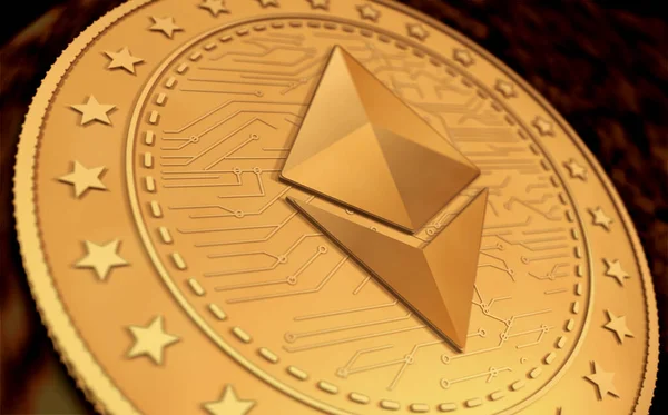 Ethereum Eth Kryptoměna Symbol Zlatá Mince Zeleném Pozadí Obrazovky Abstraktní — Stock fotografie